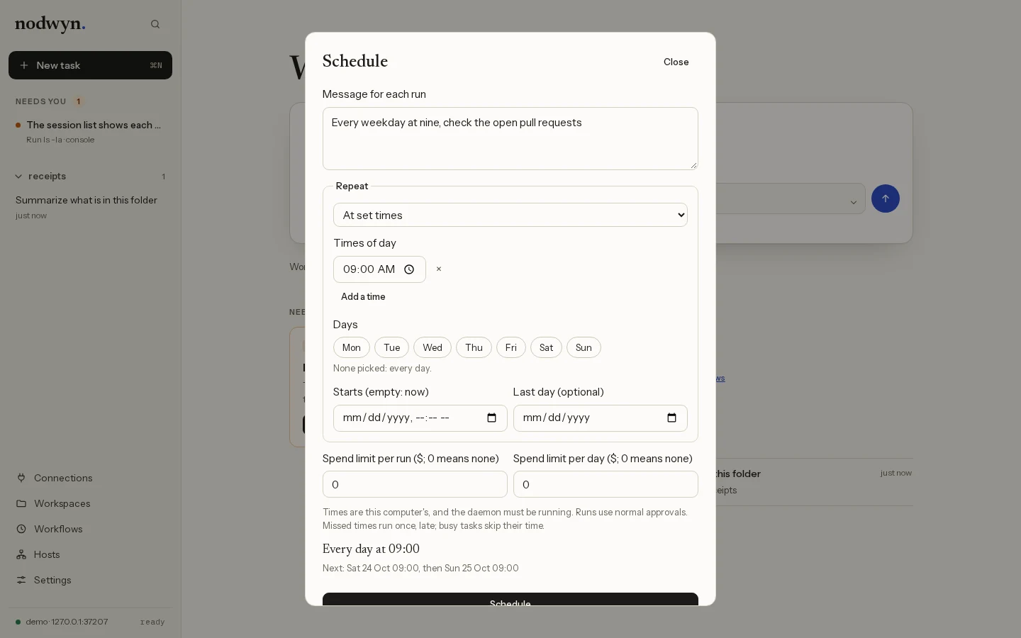 The schedule dialog on Home