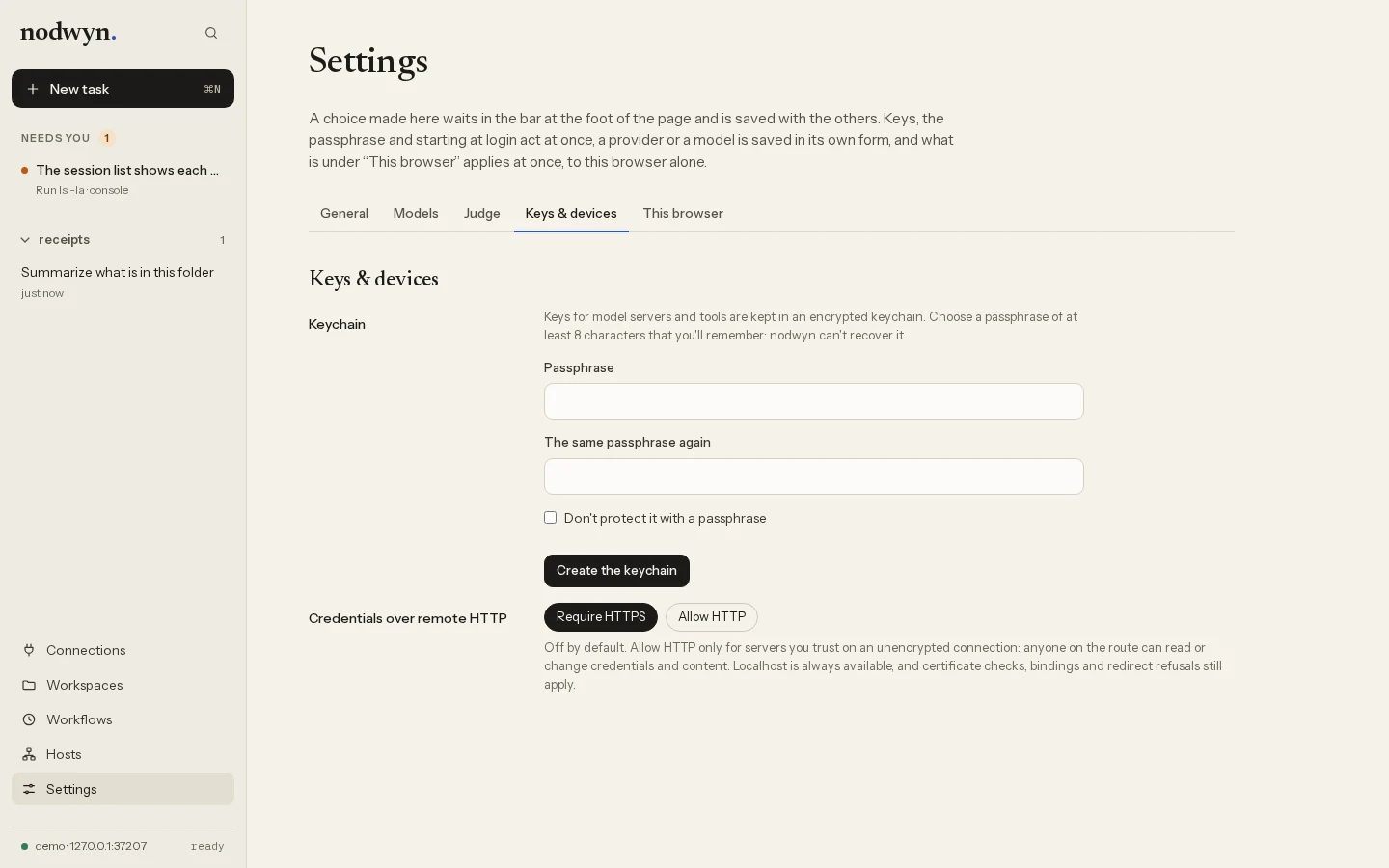 Settings, Keys & devices, where devices are invited and listed