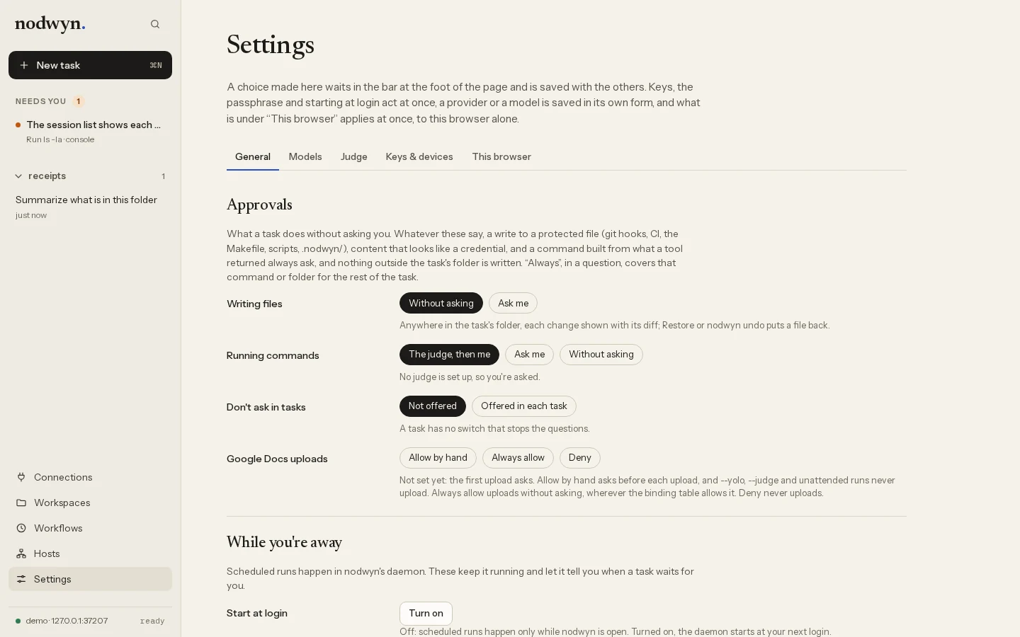 Settings, General: what a task may do without asking