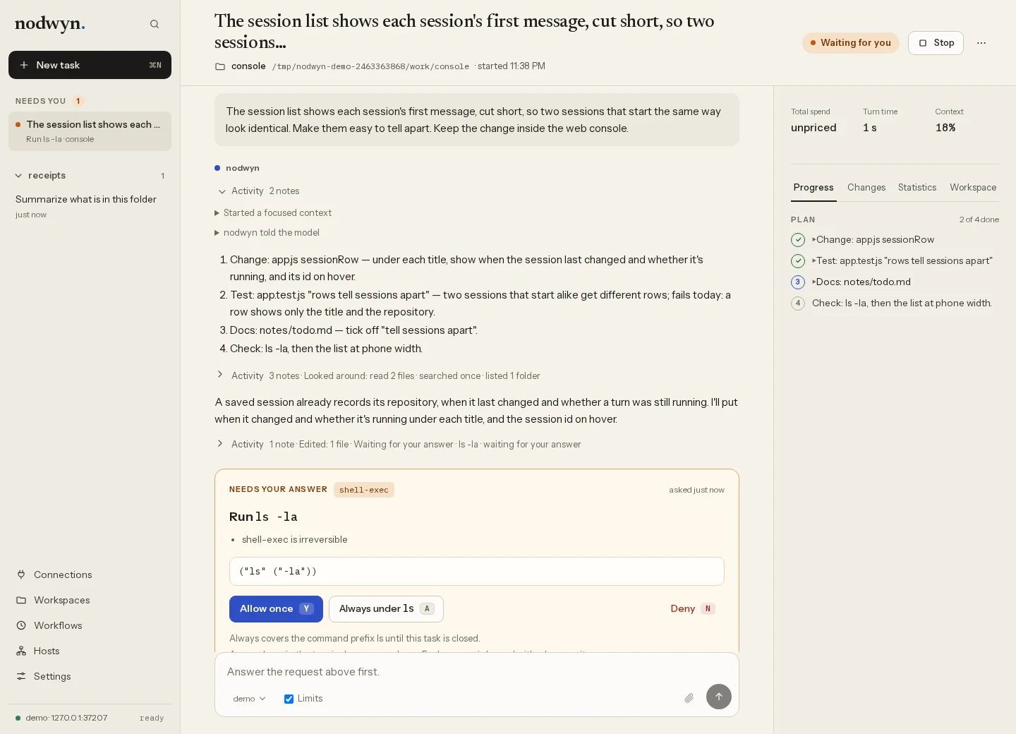 A task with its activity opened